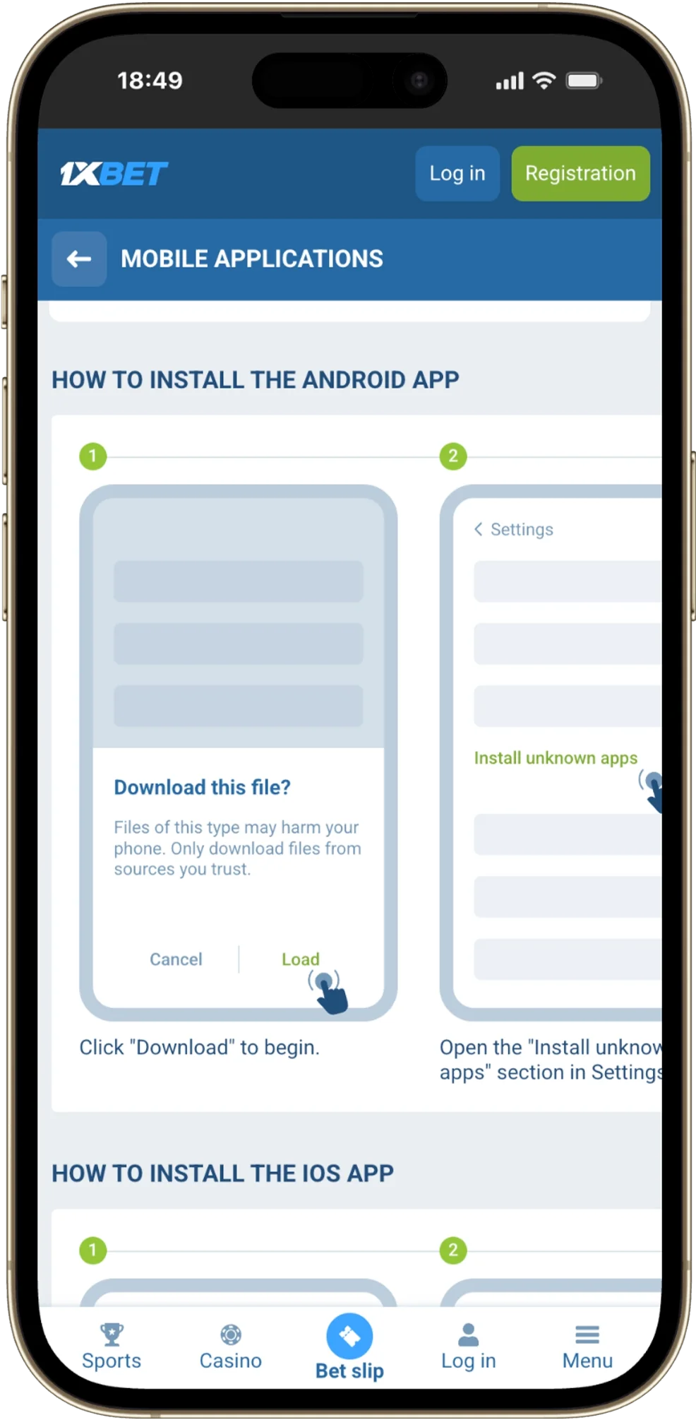 Application mobile 1xBet APK affichée sur un smartphone Android.
