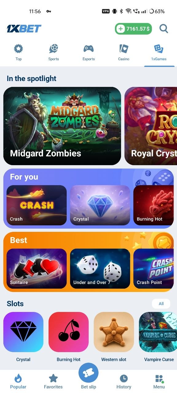 Onglet 1xGames de l’application 1xBet : jeux mis en avant, sélection personnalisée et machines à sous.