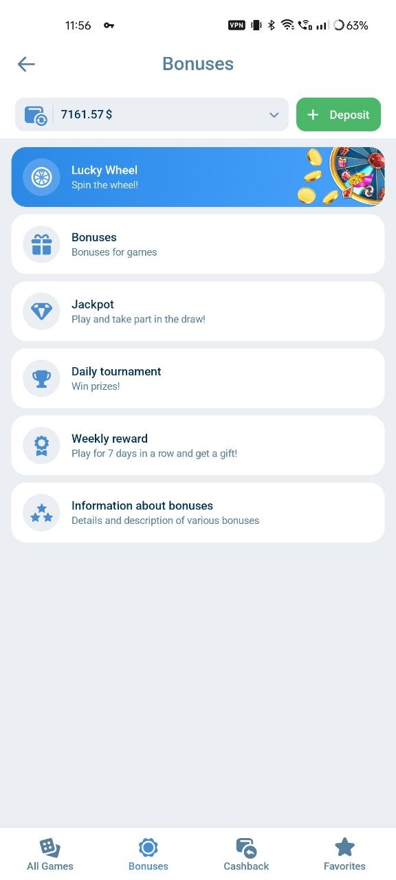Écran Bonus de l’application 1xBet : roue de la fortune, jackpot, tournoi quotidien, récompense hebdomadaire.