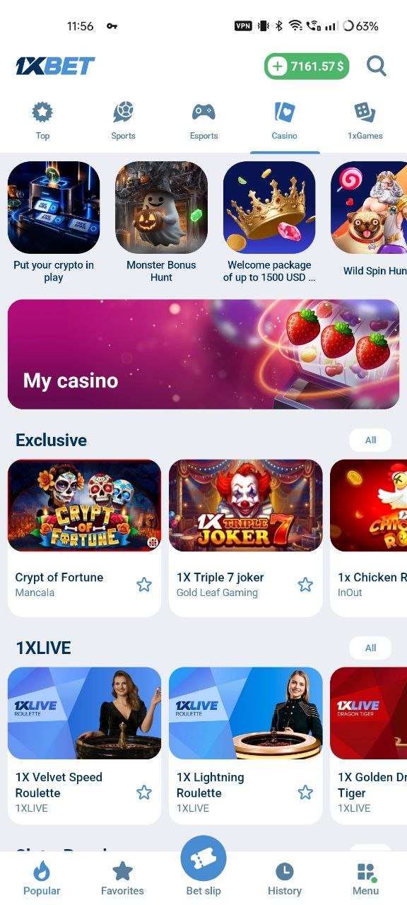 Onglet Casino de l’application 1xBet : promotions, jeux exclusifs et tables en direct 1XLIVE.