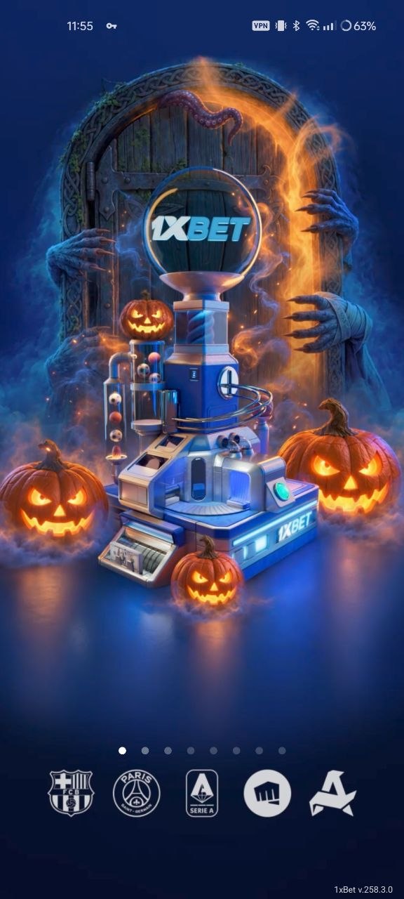 Écran de démarrage de l’application 1xBet Android, décor d’Halloween et numéro de version 258.3.0 en bas à droite.