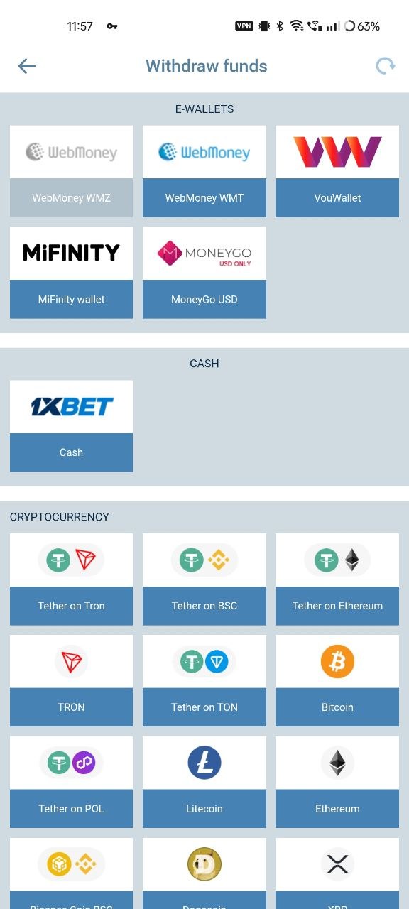 Écran Retirer des fonds de l’application 1xBet : portefeuilles électroniques, retrait en espèces et cryptomonnaies.